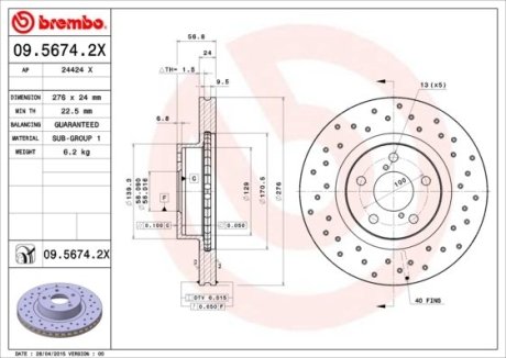 Диск гальмівний BREMBO 09.5674.2X