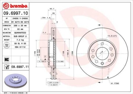 Гальмівний диск пер./зад. Vectra 96- (288x25) BREMBO 09.6997.11