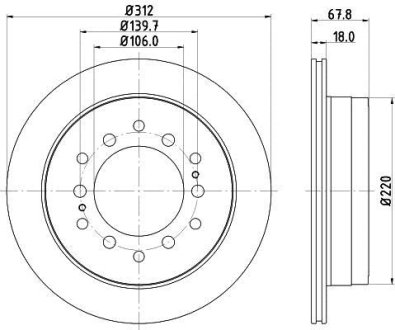 Гальмівний диск зад. Cruiser 300/80/90/Prado/Lexus GX 01-10 3.0-4.7 (PRO) HELLA 8DD355114-861 (фото 1)