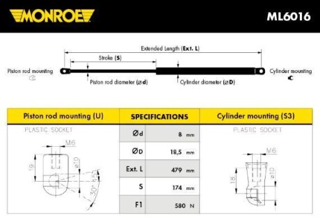 DB газовий амортизатор багажника C/E-Class S204/S212 (універсал) MONROE ML6016