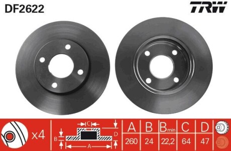 Диск тормозной (1 шт.) FORD (Europe) Cougar/Mondeo/Mondeo Estate/Wagon/Scorpio TRW DF2622