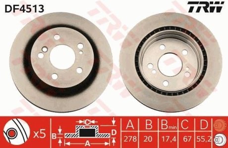 Диск гальмівний (1 шт.) MERCEDES C(W203)/E(S124)/SLK(R171) "R D=278mm "89-11 TRW DF4513